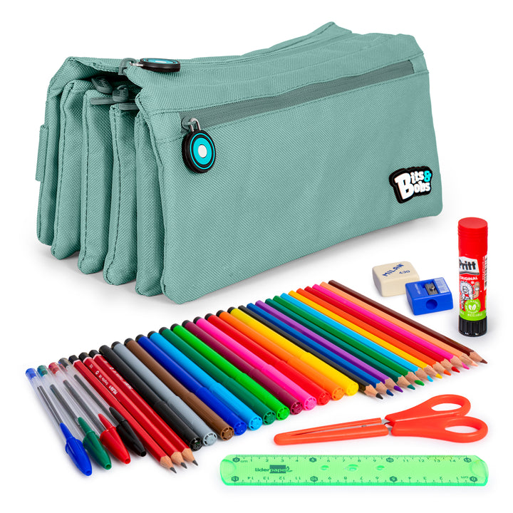 ColePack Eco36 - Estuche Cuadruple de 4 Cremalleras con Material Escolar Incluido. Azul Soft