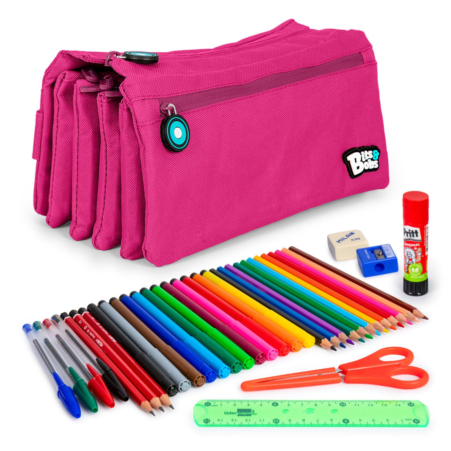 ColePack Eco36 - Estuche Cuadruple de 4 Cremalleras con Material Escolar Incluido. Magenta