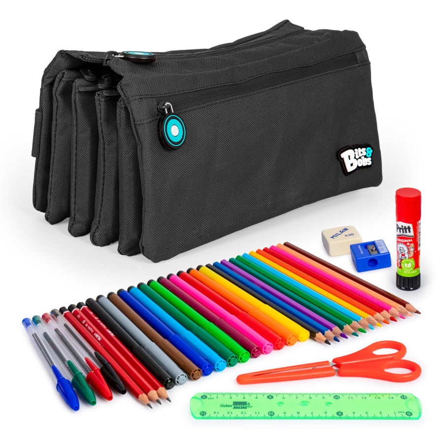 ColePack Eco36 - Estuche Cuadruple de 4 Cremalleras con Material Escolar Incluido. Negro