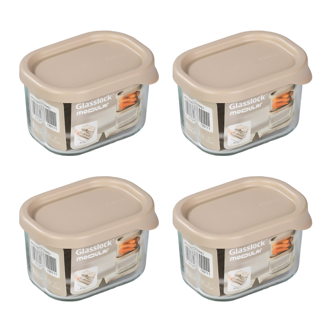 Glasslock Modular - Lote de 4 Recipientes Rectangulares de 0.3L en Vidrio Templado para Nevera