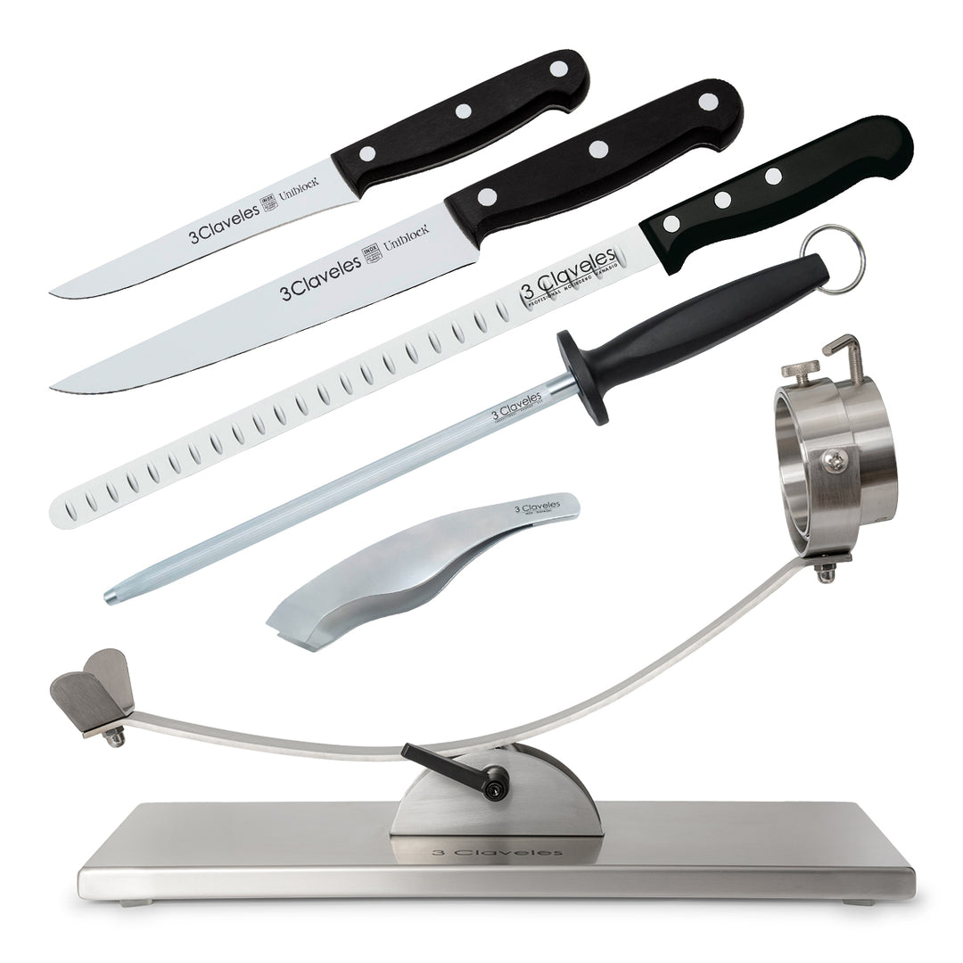 3 Claveles 01743 - Soporte Jamonero Basculante en Acero y Kit de Corte Profesional Uniblock