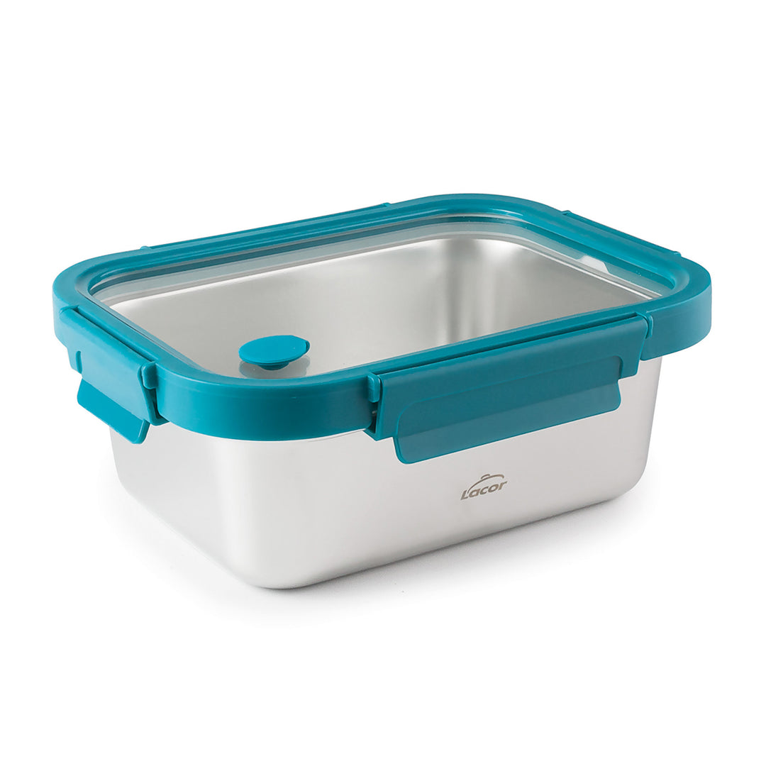 Lacor Etern - Recipiente Rectangular de 1.8L en Acero y Tapa de Cristal Apto Microondas