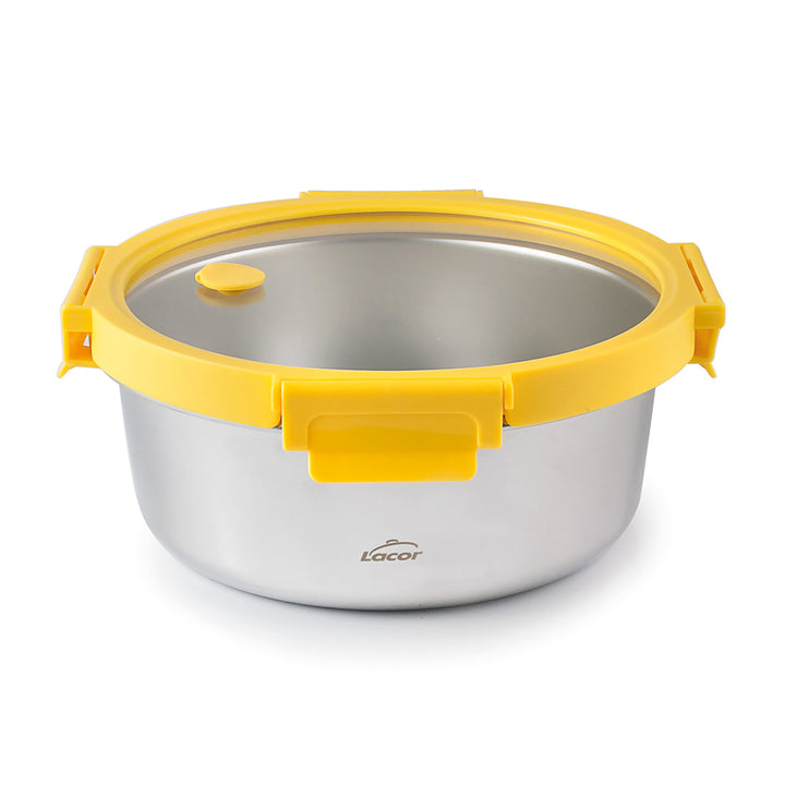 LACOR Etern - Recipiente Redondo de 1.5L en Acero y Tapa de Cristal Apto Microondas