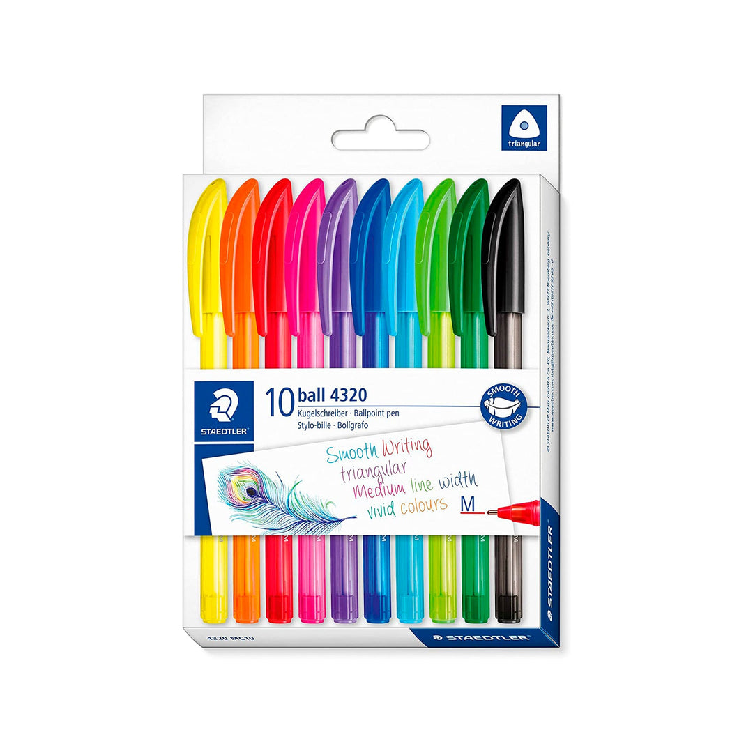 STAEDTLER - Estuche de 10 Bolígrafos Triangulares 4320 Ergonómicos. Colores Surtidos