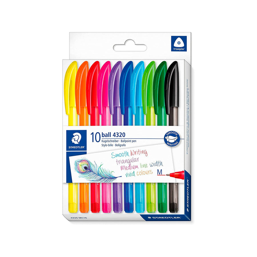 STAEDTLER - Estuche de 10 Bolígrafos Triangulares 4320 Ergonómicos. Colores Surtidos