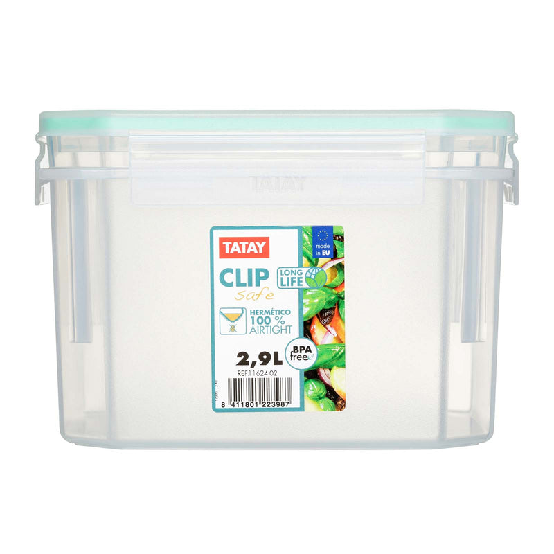 TATAY Clip Safe - Recipiente Hermético Cuadrado 2.9L con Cierre de Pestañas. Verde