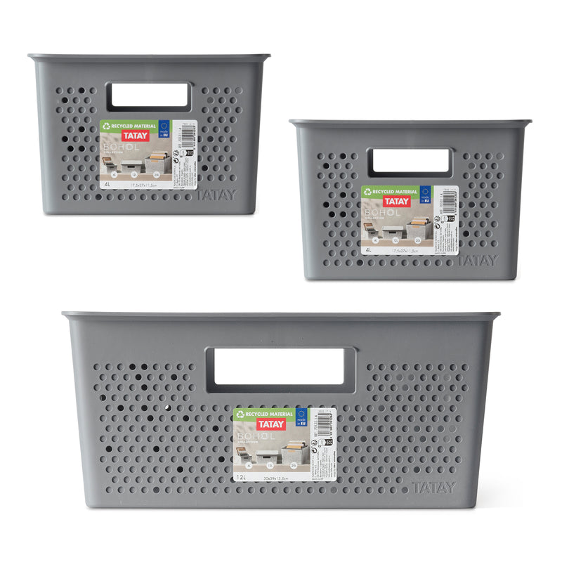 TATAY Bohol - Set 3 Cajas Organizadoras 12L+4L+4L en Plástico Reciclado. Antracita