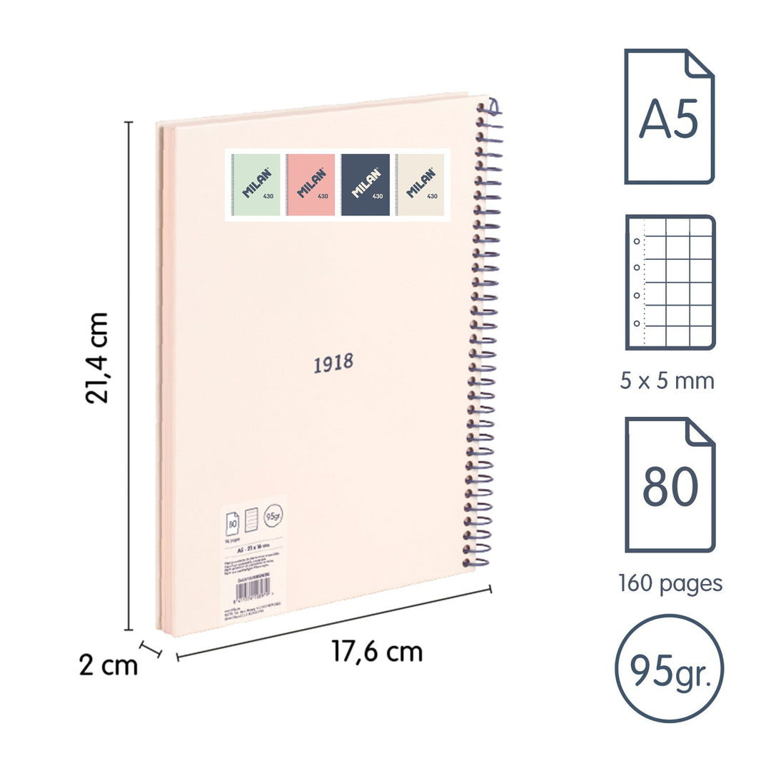 MILAN 430 - Cuaderno A5 Espiral y Tapa Dura. Papel Cuadriculado 80 Hojas 95gr Beige