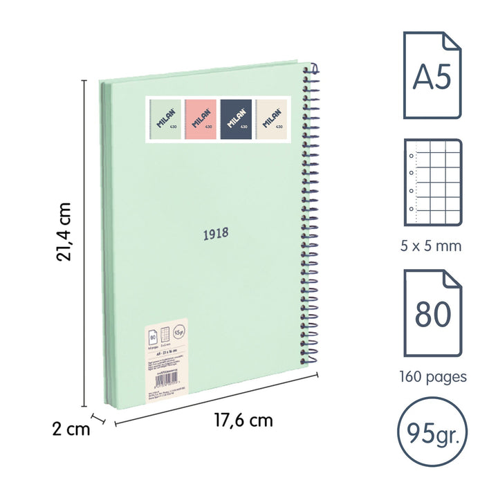 MILAN 430 - Pack 4 Cuadernos A5 Espiral y Tapa Dura. Papel Cuadriculado 80 Hojas 95gr