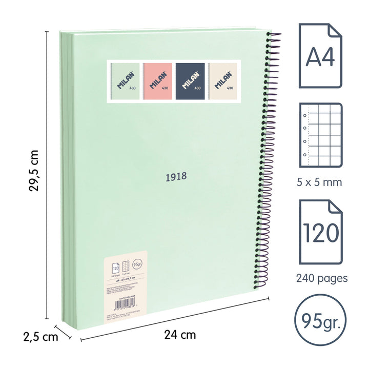 MILAN 430 - Cuaderno A4 Espiral y Tapa Dura. Papel Cuadriculado 120 Hojas 95gr Verde