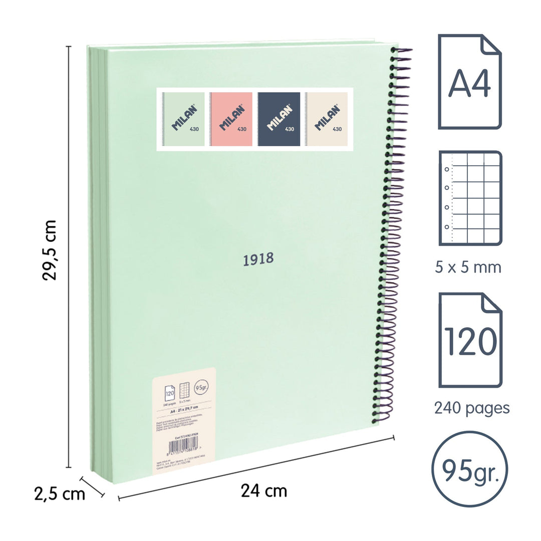 MILAN 430 - Pack 4 Cuadernos A4 Espiral y Tapa Dura. Papel Cuadriculado 120 Hojas 95gr