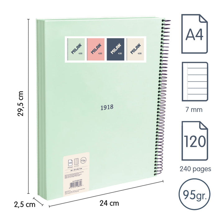 MILAN 430 - Pack 4 Cuadernos A4  Espiral y Tapa Dura. Papel Pautado 120 Hojas 95gr