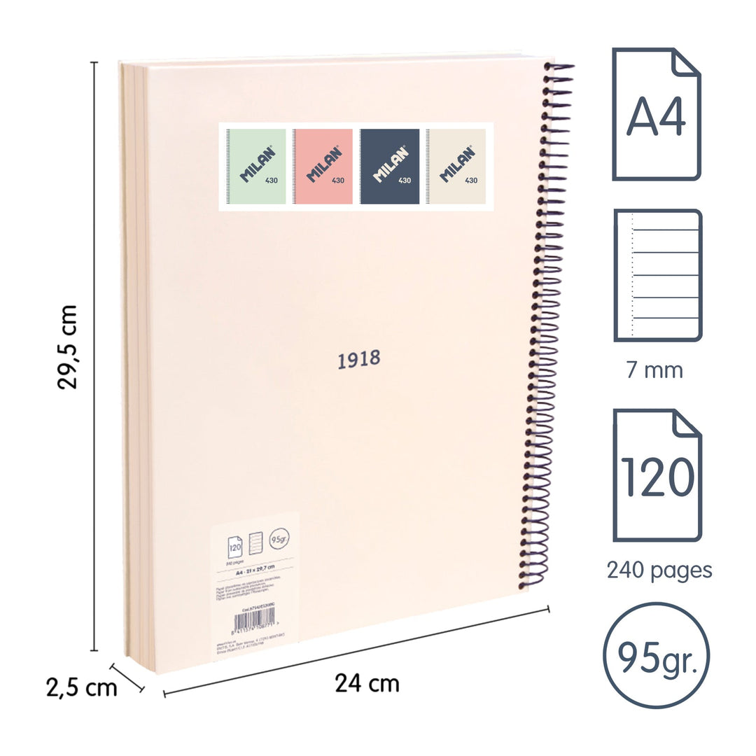 MILAN 430 - Cuaderno A4 Espiral y Tapa Dura. Papel Pautado 120 Hojas 95gr Beige