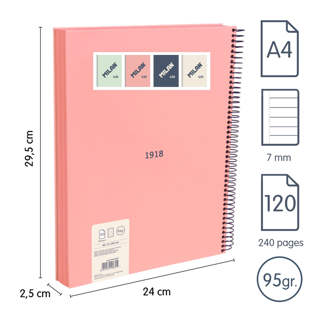 MILAN 430 - Cuaderno A4 Espiral y Tapa Dura. Papel Pautado 120 Hojas 95gr Rosa