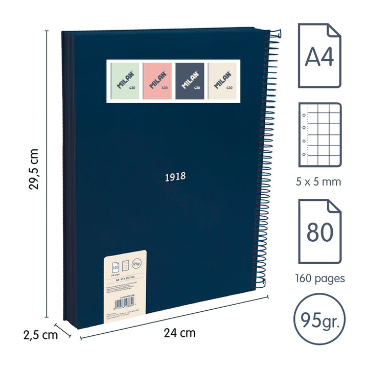 MILAN 430 - Cuaderno A4 Espiral y Tapa Dura. Papel Cuadriculado 80 Hojas 95gr Azul