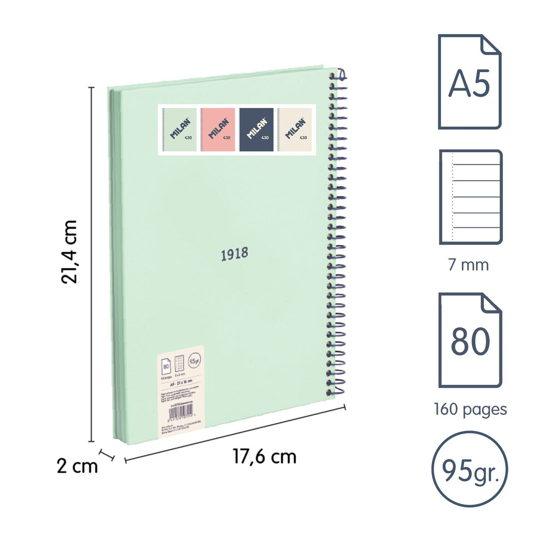 MILAN 430 - Pack 4 Cuadernos A5 Espiral y Tapa Dura. Papel Pautado 80 Hojas 95gr