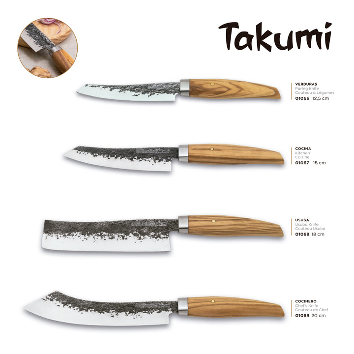 3 Claveles Takumi - Cuchillo Verduras 12.5 cm de Acero Forjado con Hoja Martilleada