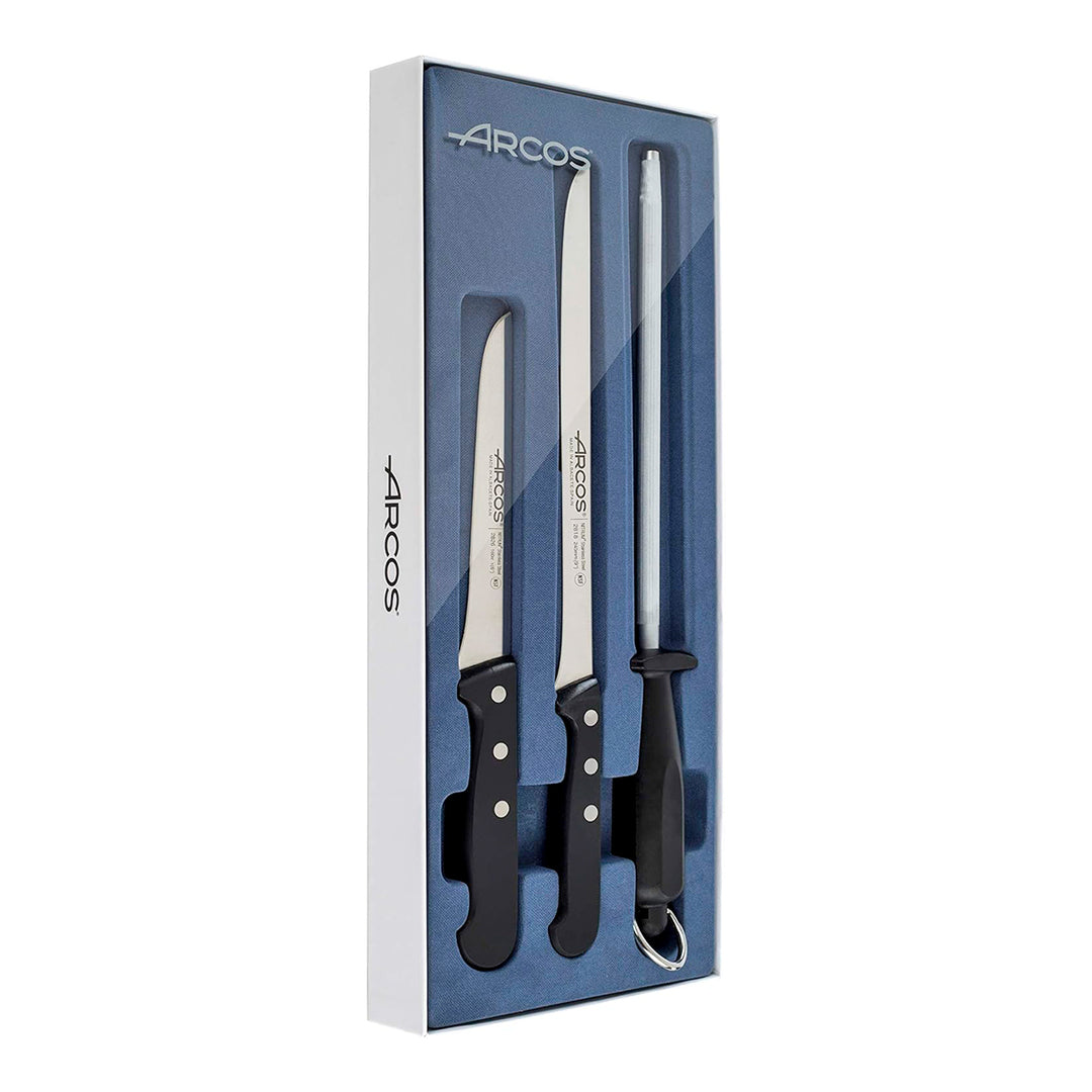 ARCOS Universal - Kit de Cuchillo Jamonero de 24 cm, Deshuesador y Chaira en Estuche