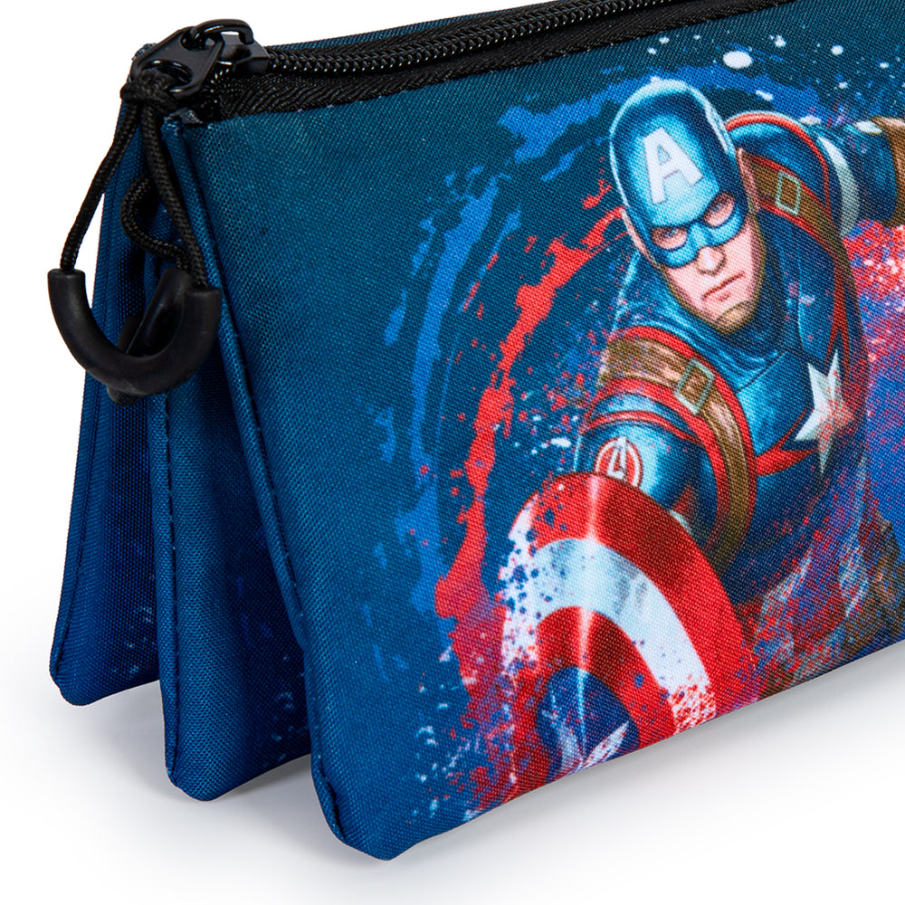 MARVEL Capitán América - Estuche Escolar Triple Portatodo con 2 Cremalleras. Azul