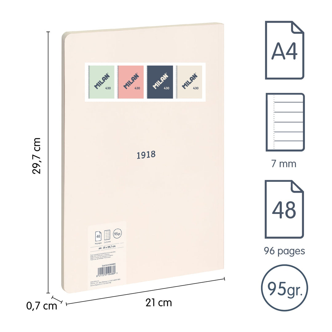 MILAN 430 - Pack 4 Libretas A4 Encolada. Papel Pautado 48 Hojas 95gr