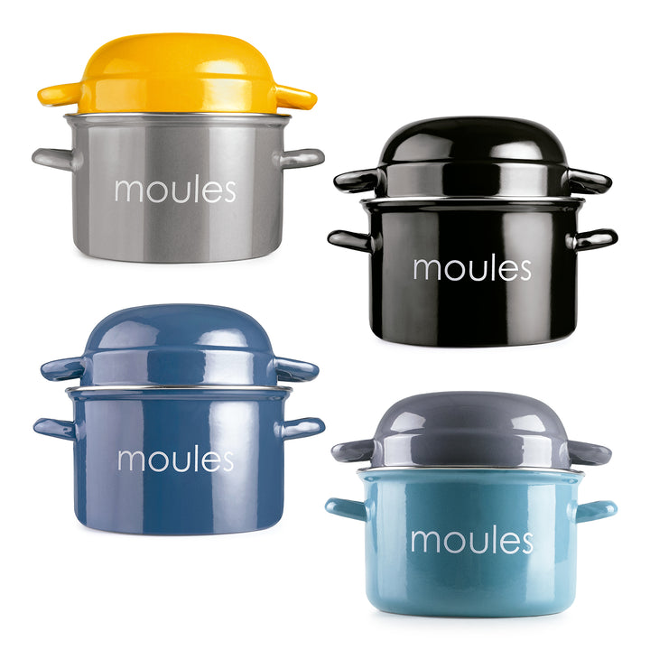 IBILI Moules - Olla de 22 cm para Mejillones en Acero Esmaltado con Tapa Especial. Negro