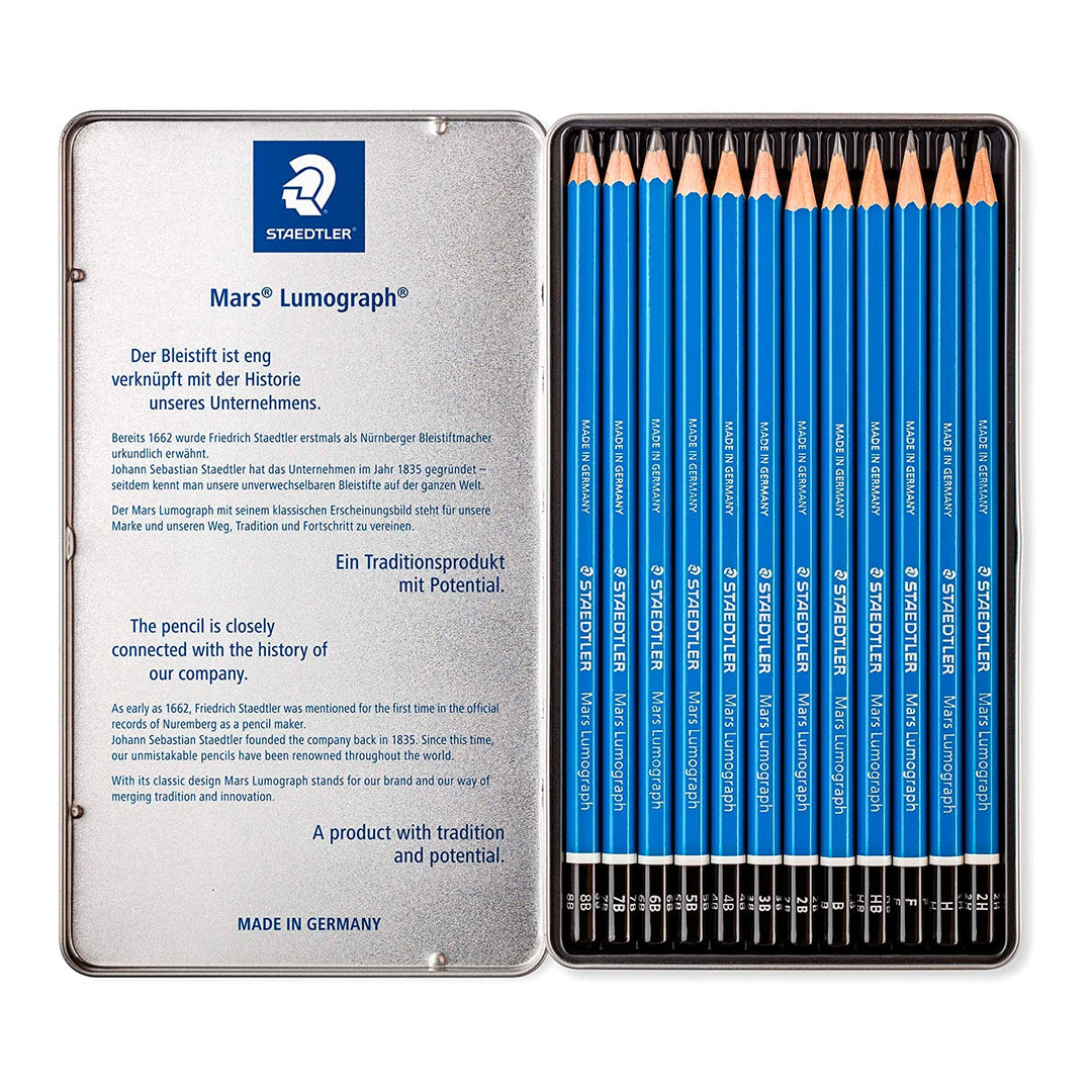  STAEDTLER Mars Lumograph - Estuche Metálico con 12 Lápices de Dibujo Premium