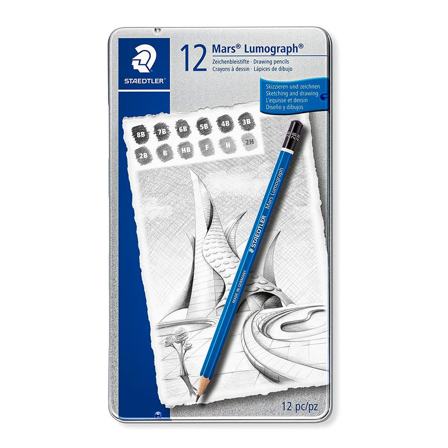  STAEDTLER Mars Lumograph - Estuche Metálico con 12 Lápices de Dibujo Premium