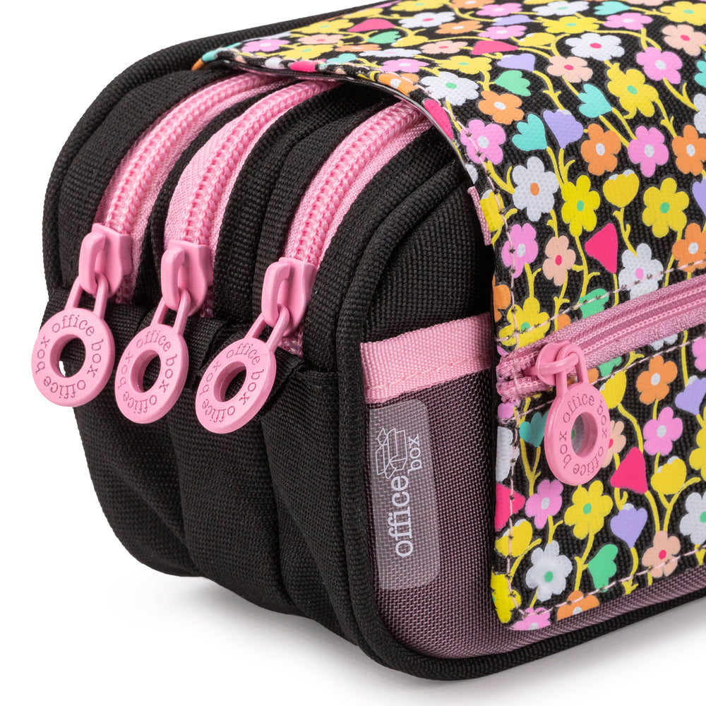 OFFICEBOX - Estuche Portatodo Triple con Tres Cremalleras para Material Escolar. Flowers