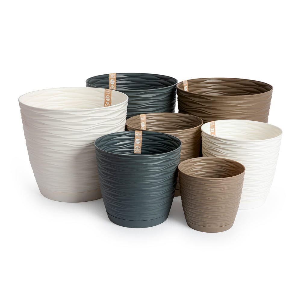 Areca Wind - Set de 4 Macetas Decorativas Redondas 13 cm con Platos Integrados. Taupe