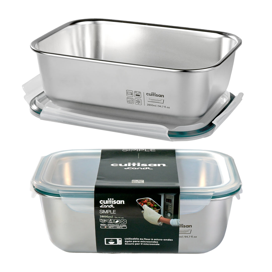 Cuitisan Simple - Recipiente Rectangular de 2.8L en Acero Inoxidable Apto Microondas