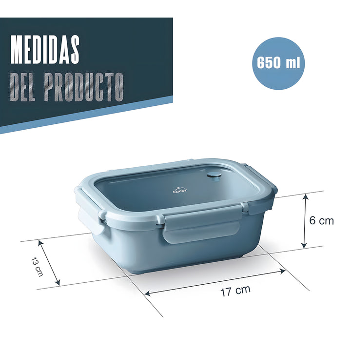 LACOR Ceram - Recipiente Rectangular de 0.65L en Cerámica y Tapa de Cristal Apto Microondas. Blue