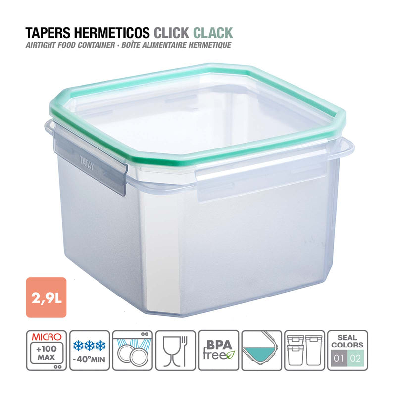 TATAY Clip Safe - Recipiente Hermético Cuadrado 2.9L con Cierre de Pestañas. Verde