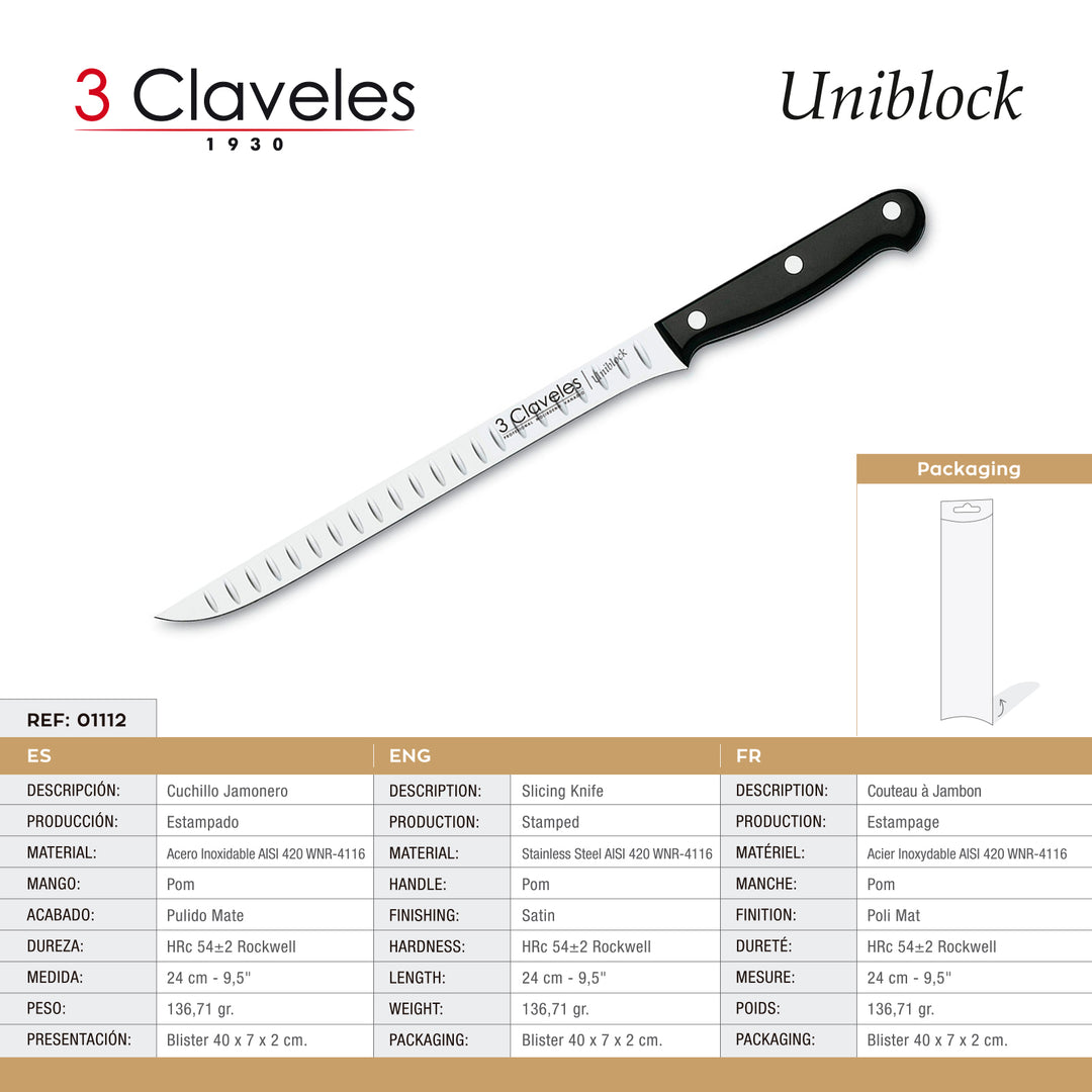 3 Claveles Uniblock - Cuchillo Jamonero Profesional Alveolado 24 cm Acero Inoxidable