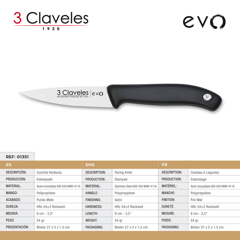 3 Claveles EVO - Cuchillo de Verduras 9 cm Acero Inoxidable Mango Polipropileno
