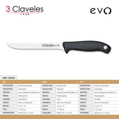 3 Claveles EVO - Cuchillo Deshuesador de 15 cm Acero Inoxidable Mango Polipropileno