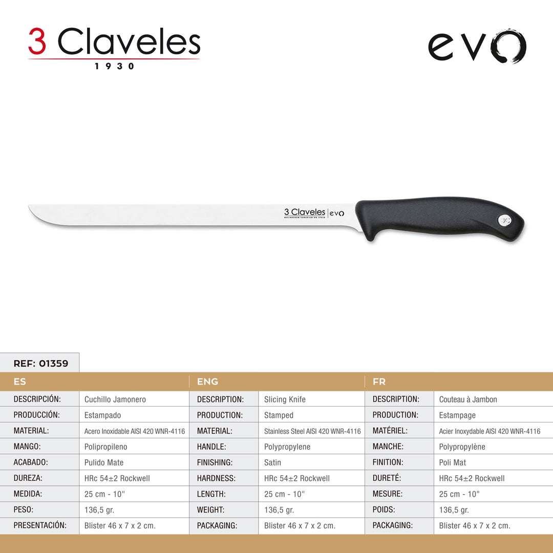 3 Claveles EVO - Cuchillo Jamonero de 25 cm Acero Inoxidable Mango Polipropileno