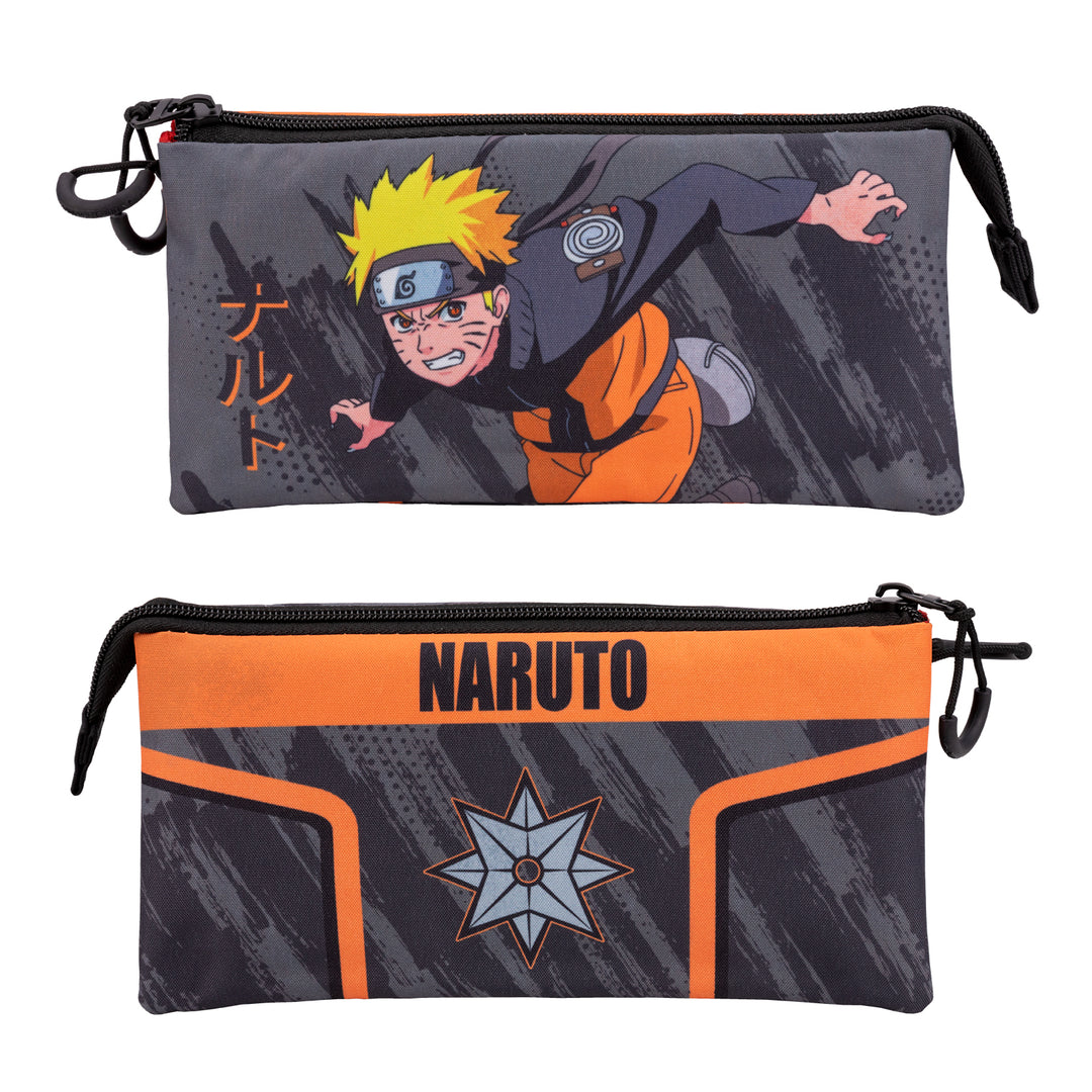 NARUTO Shurike - Estuche Escolar Triple Portatodo con 2 Cremalleras. Gris