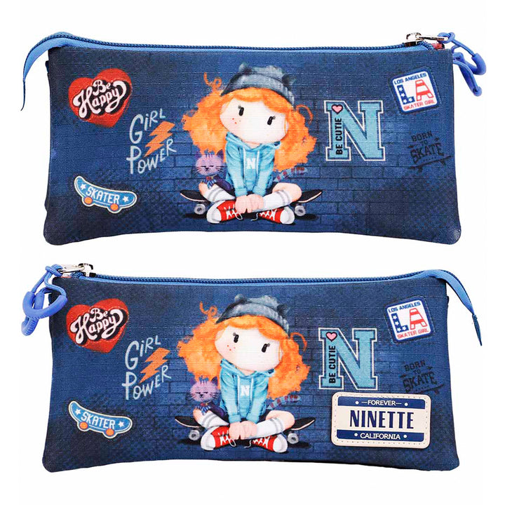 FOREVER NINETTE Skater - Estuche Escolar Triple Portatodo con 2 Cremalleras. Azul