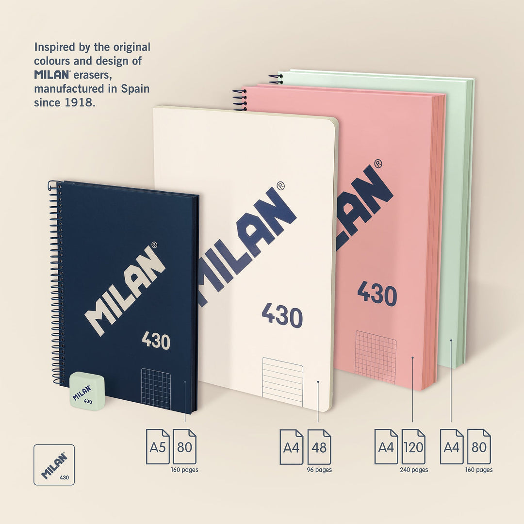 MILAN 430 - Cuaderno A4 Espiral y Tapa Dura. Papel Cuadriculado 120 Hojas 95gr Azul