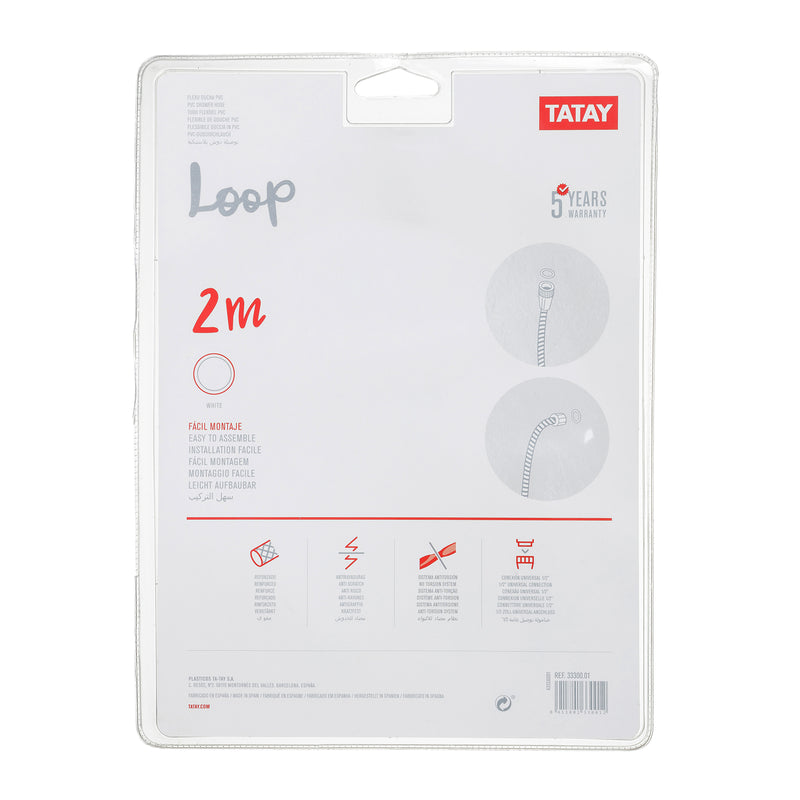 TATAY Loop - Flexo de Ducha Reforzado Anti-torsión y Anti-cal en PVC de 2 m. Blanco