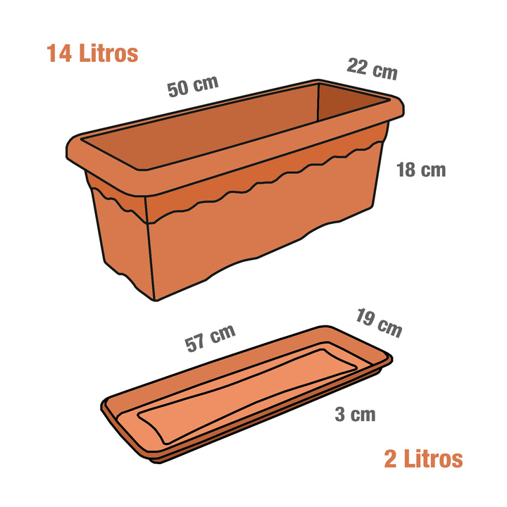 Plastiken TERRA - Pack de 4 Platos Rectangulares 47 cm para Jardinera de 50 cm 14L. Terracota