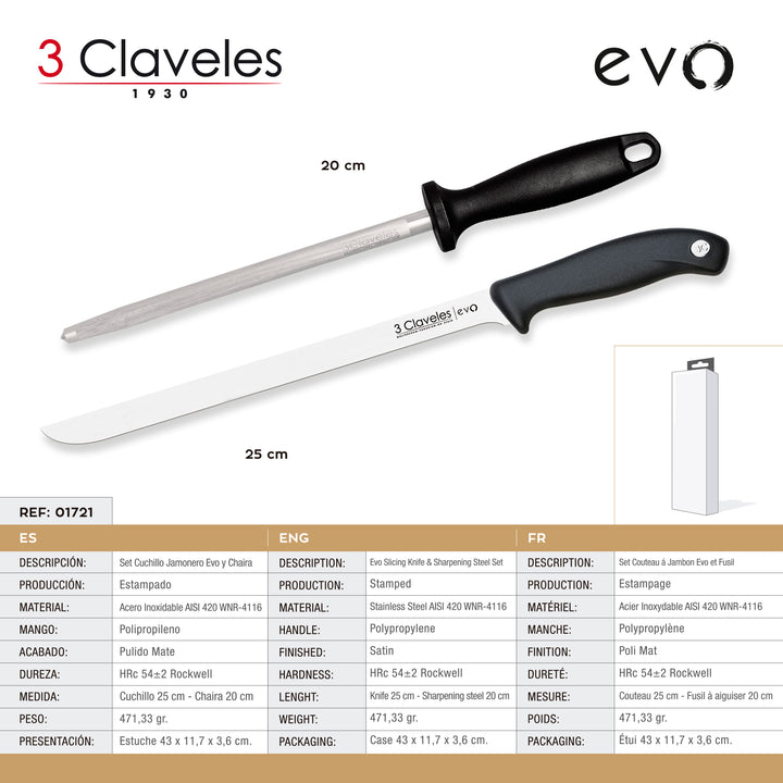 3 Claveles EVO - Set Cuchillo Jamonero de 25 cm Deshuesador de 15 cm y Chaira