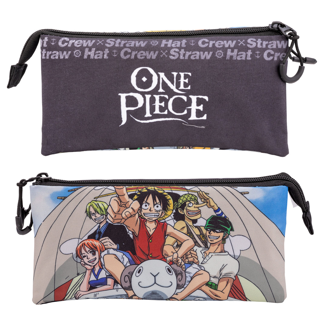 ONE PIECE Pirates - Estuche Escolar Triple Portatodo con 2 Cremalleras. Marrón