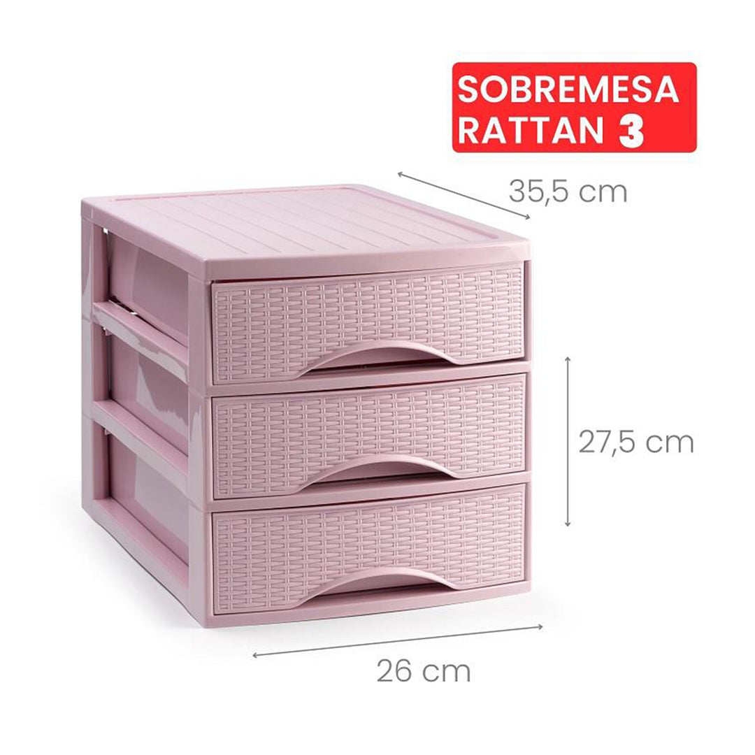 Plastic Forte Rattan - Cajonera de Sobremesa 3 Cajones en Plástico. Rosa