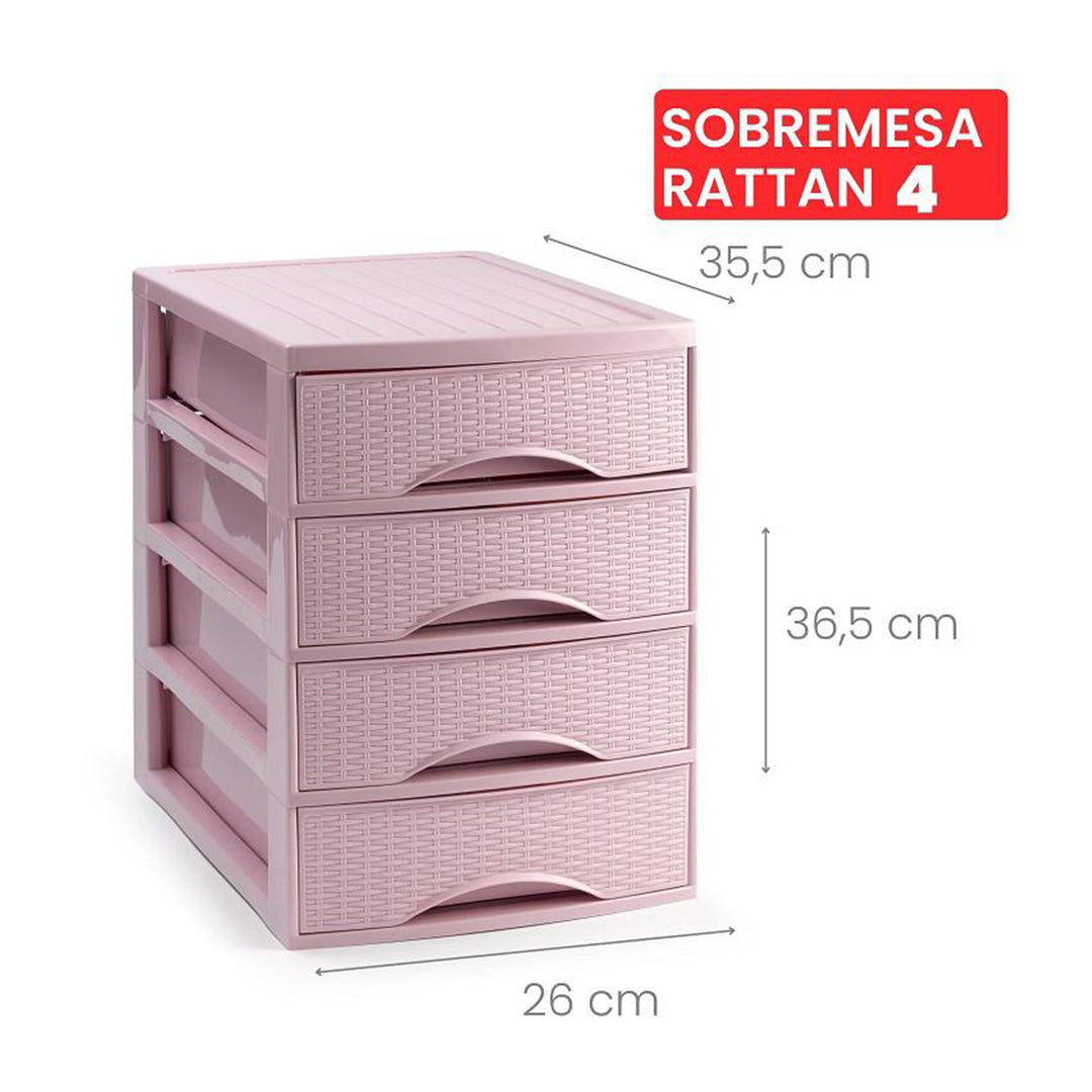 Plastic Forte Rattan - Cajonera de Sobremesa 4 Cajones en Plástico. Rosa