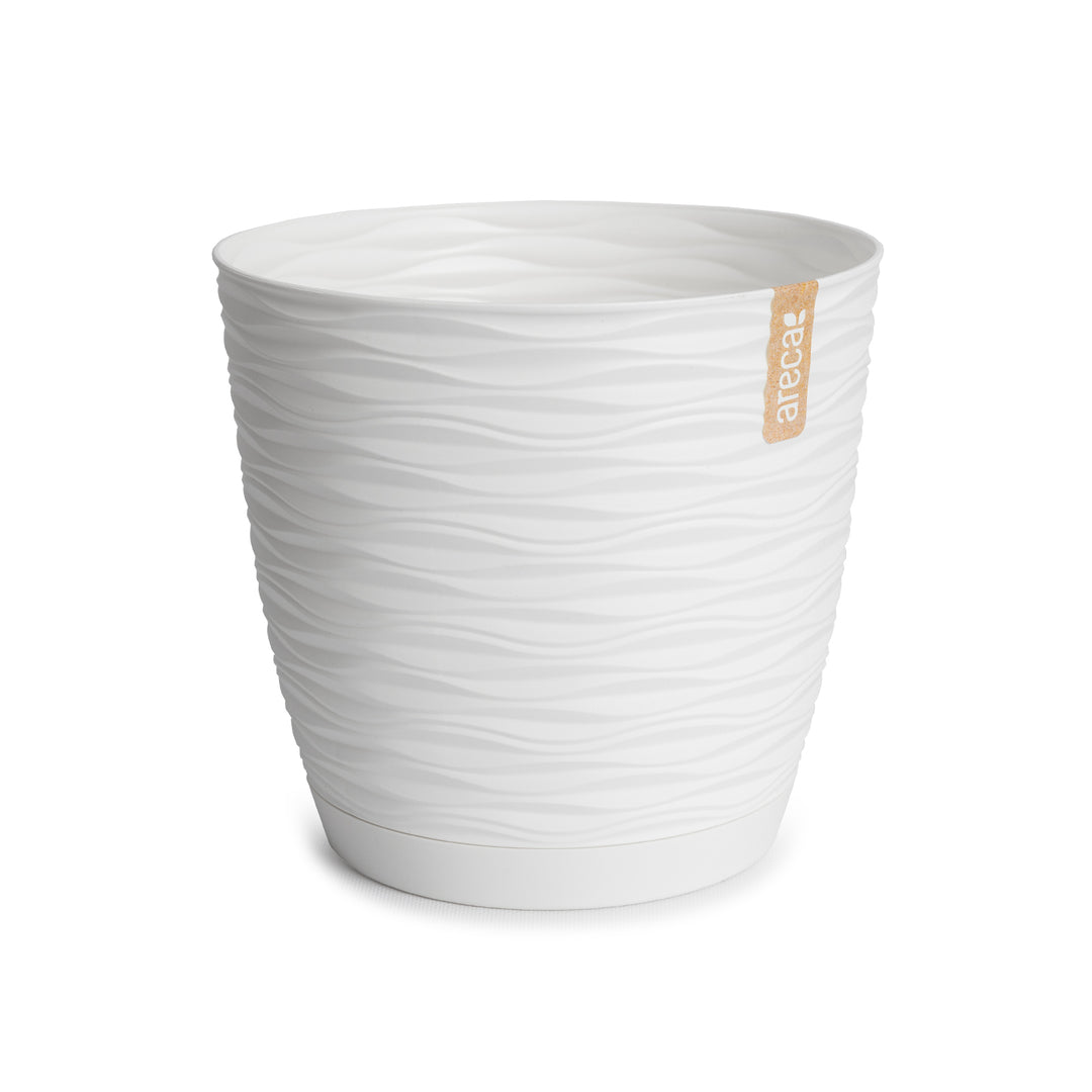 Areca Wind - Set de 4 Macetas Decorativas Redondas 13 cm con Platos Integrados. Blanco