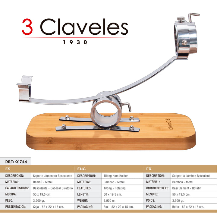 3 Claveles - Kit Soporte Jamonero Basculante de Acero y Madera Bambú. Cuchillos y Chaira