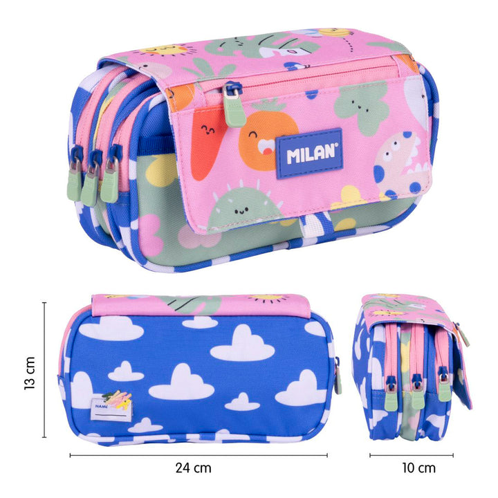 ColePack ECO Milan - Estuche Triple de 3 Cremalleras y Material Escolar Incluido. Green Grow