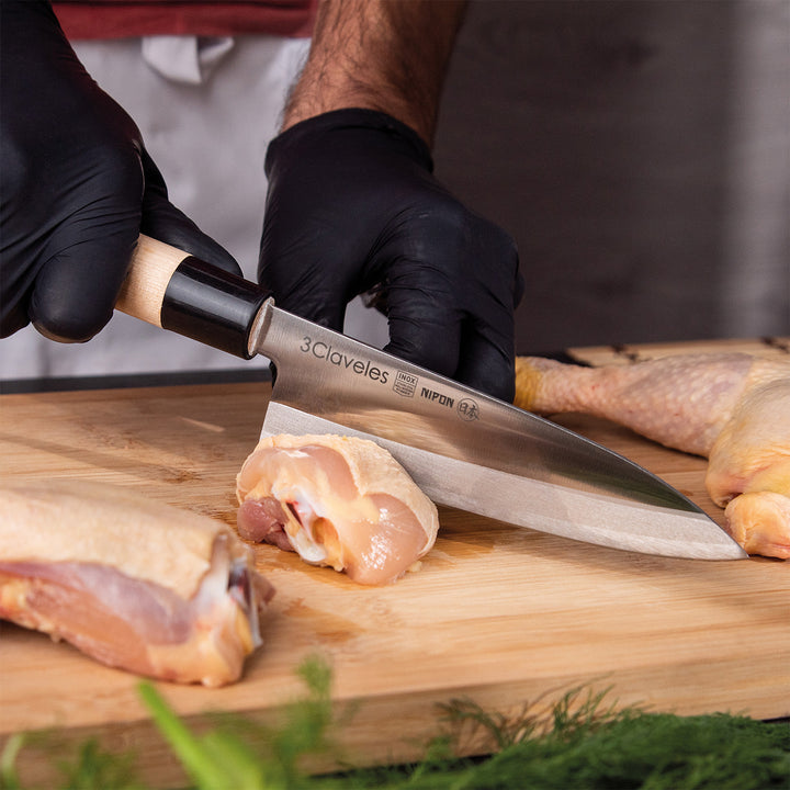 3 Claveles NIPON - Kit Cuchillos Medianos Tipo Japonés Acero Inoxidable y Mango de Arce
