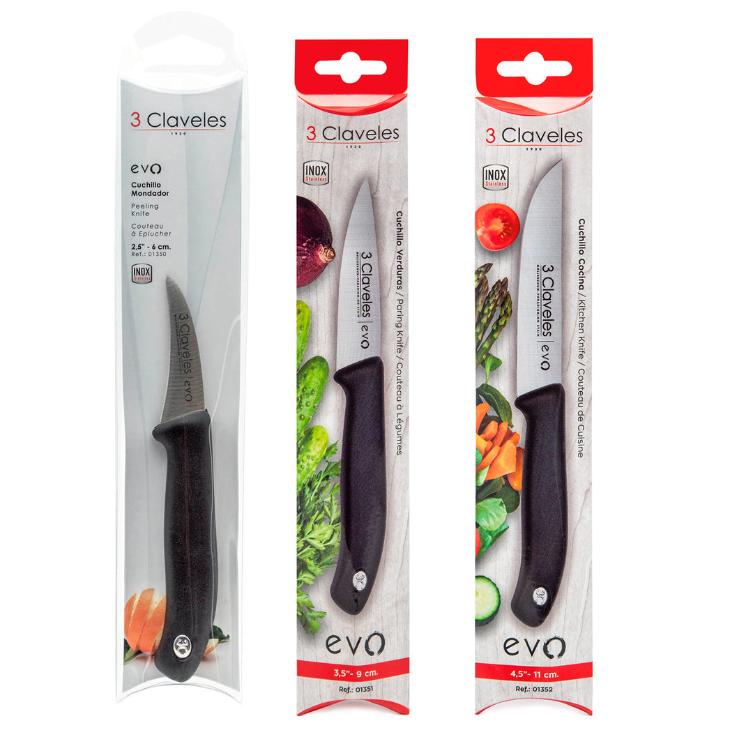 Claveles EVO - Set de 3 Cuchillos Mondador, Puntilla y Verduras en Acero Inoxidable